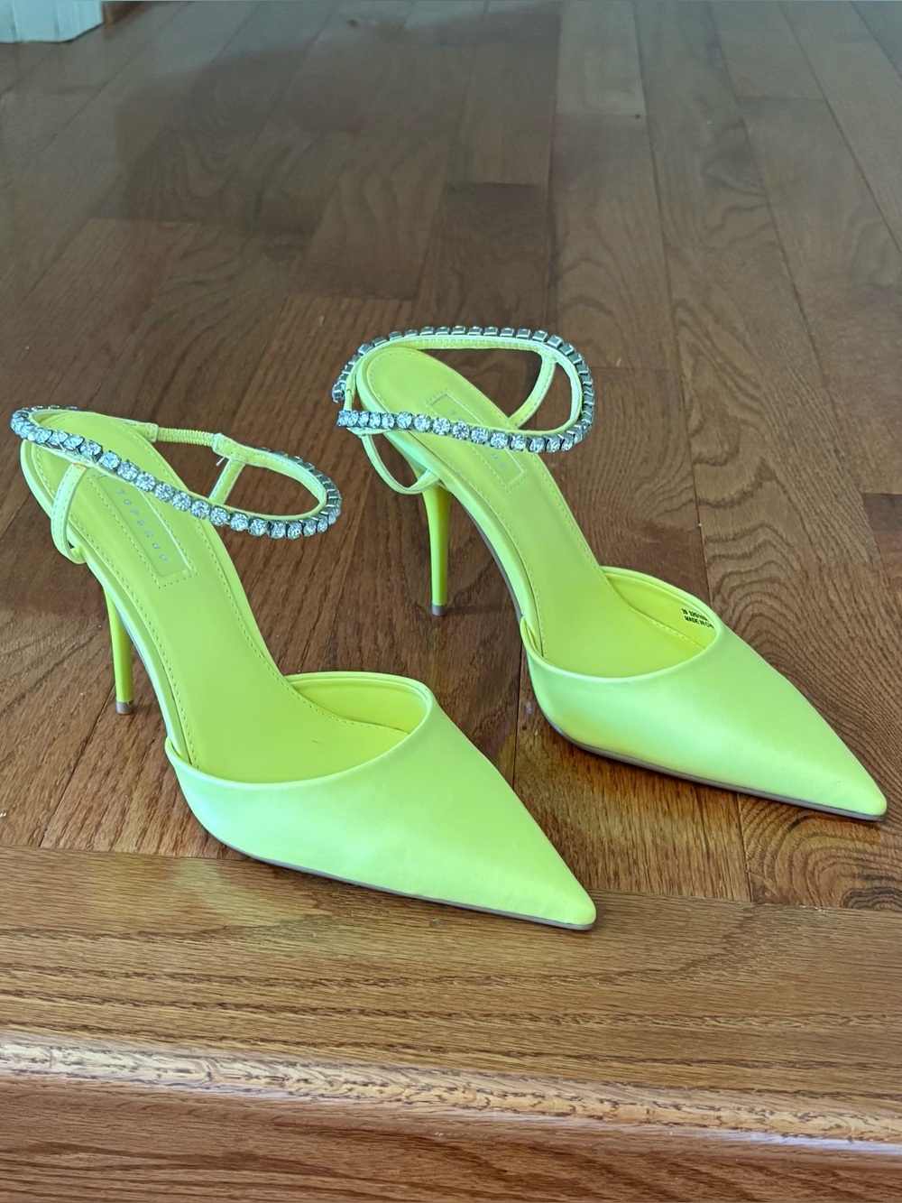 Topshop neon yellow pointed-toe heels with rhinestone strap NWT